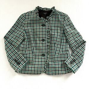 Talbots Petite Green Plaid Wool Blazer Jacket Equestrian Elbow Patch Ruffle 12P